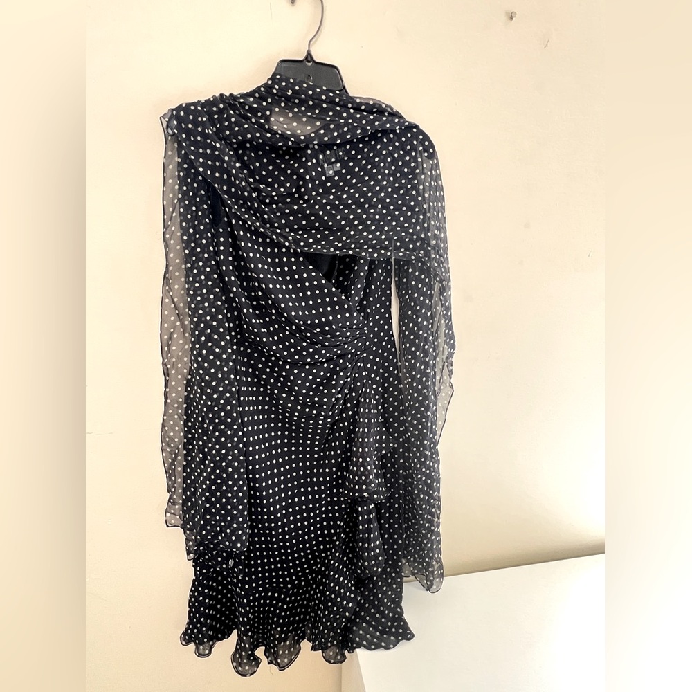 Melinda Eng Blue and white polka dotted Ruffled Tiered Midi Dress with scarf